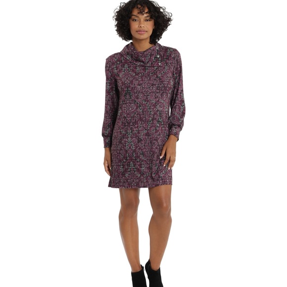 London Times Blurry Medallions Turtleneck Shift Wine & Grey Paisley, Size L, NWT - Picture 3 of 10